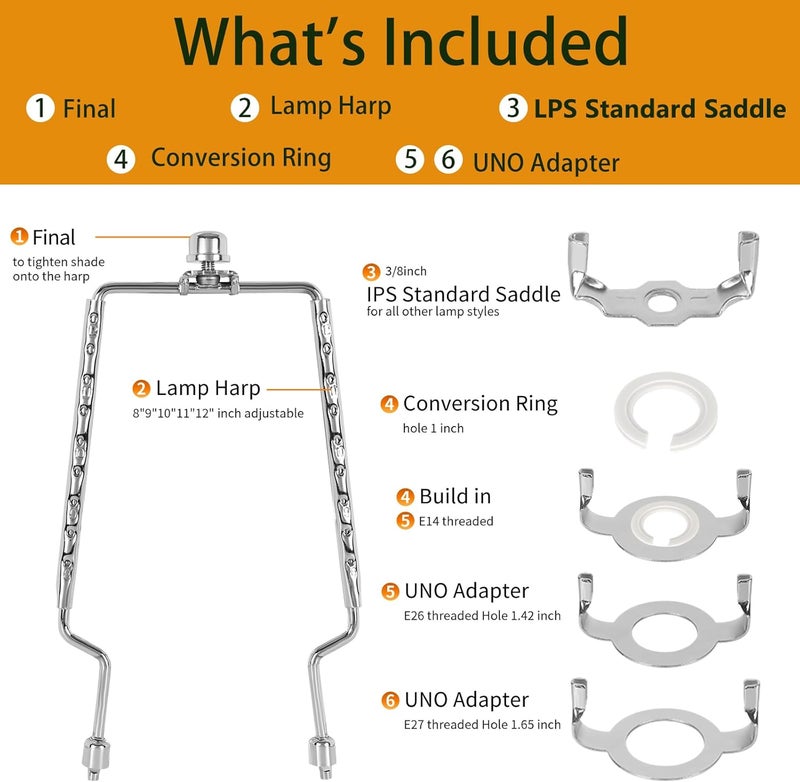 ALUCSET 8 9 10 11 12 inch Lamp Shade Harp Holder, Adjustable Lamp Harp Kit, Fit Both Standard Lamp Rod and E14 E26 E27 Light Base UNO Fitter Adapter Converter Finial Set, Lampshade Bracket - Image 4